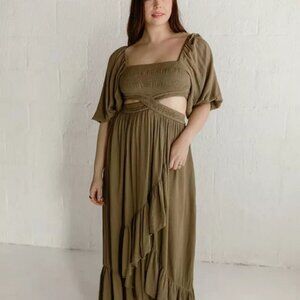 Free People Cross My Heart Maxi Smocked Cutout Balloon Sleeve Dress XS